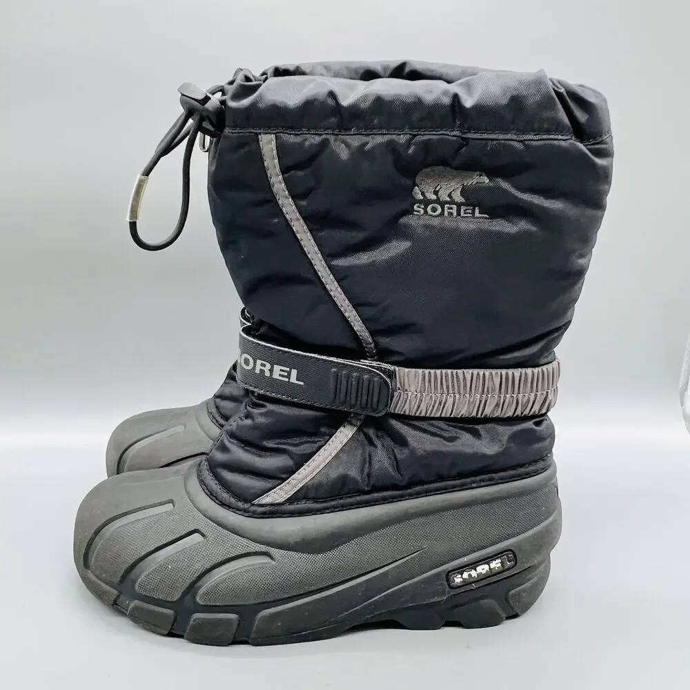 Sorel Boots Boys Girls 5 Black Mid Calf Hook & Loop Waterproof Snow Winter Shoes